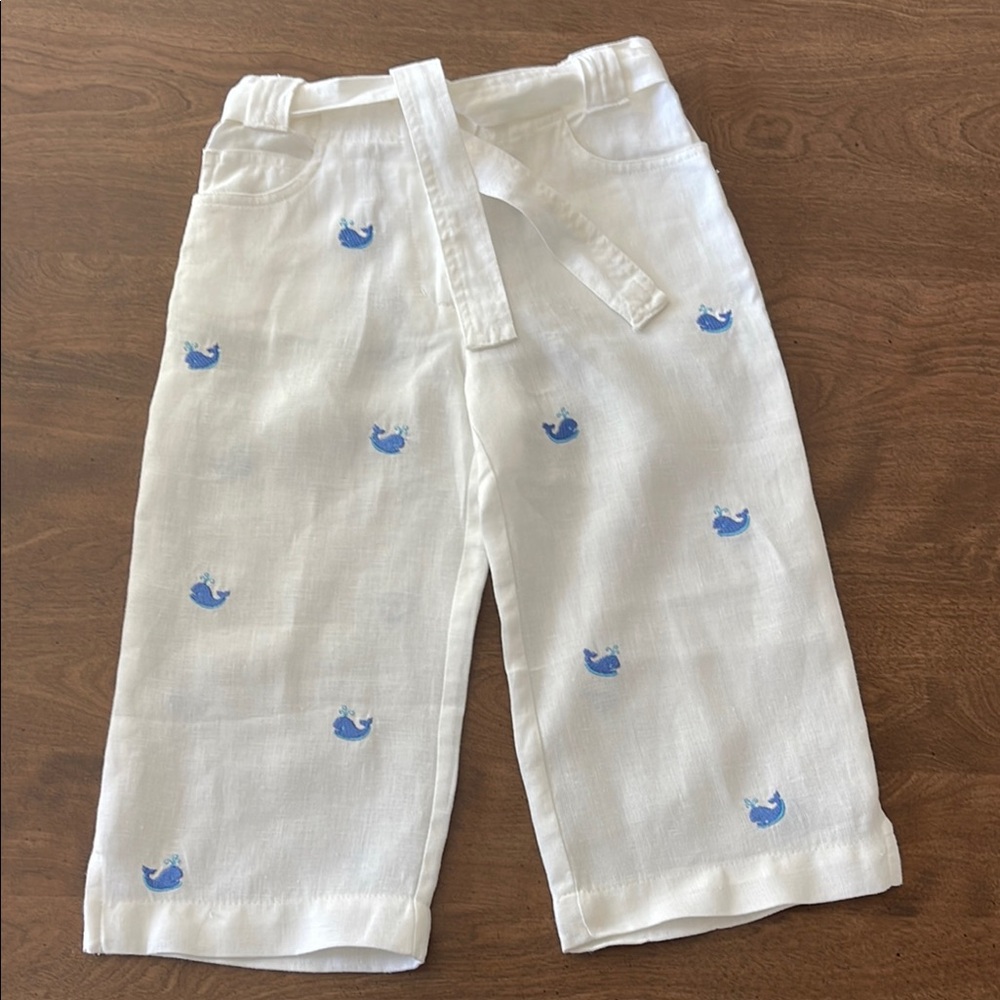 Lydia Jane White Linen Pants with Blue Whale Embroidery
